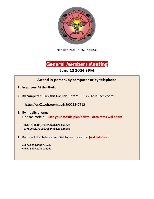 Henvey Inlet First Nation General Membership Meeting Notice June 10th 2024 6PM