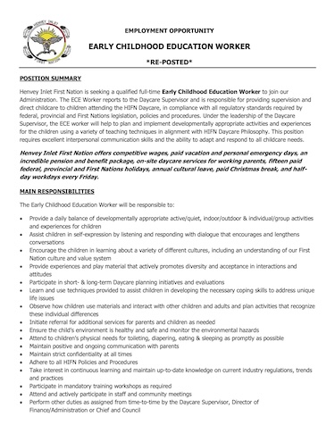 Henvey Inlet First Nation Early Childhood Educator Worker ECE0419 PDF