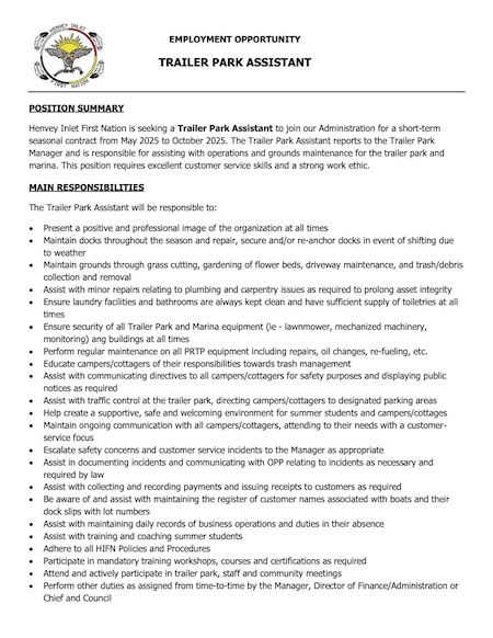 Henvey Inlet First Nation Employment Opportunity Trailer Park Assistant