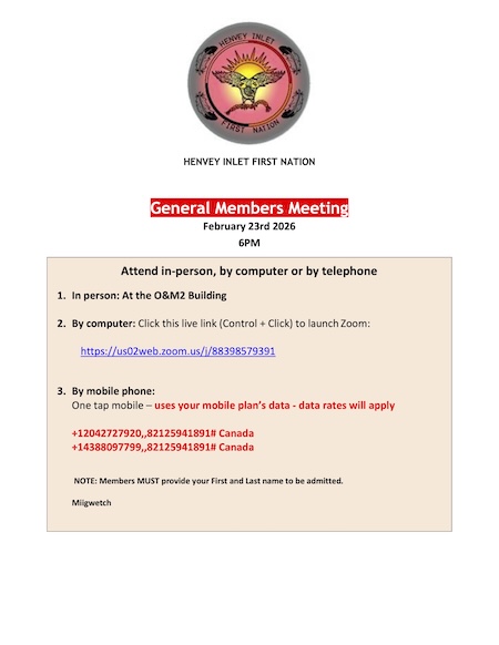 Click Here to Open the Henvey Inlet First Nation General Membership Meeting February 23rd 2026 OM2 6PM Announcement PDF