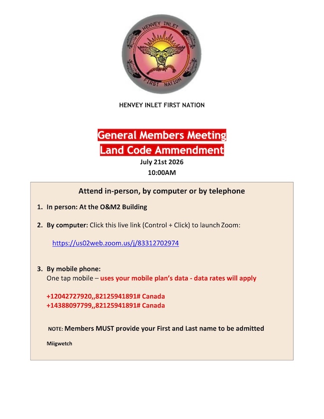 Henvey Inlet First Nation Membership Meeting July 21st 2026 Announcement