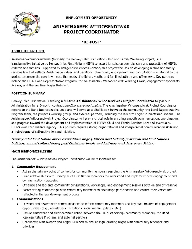 Click the Image to Open the Henvey Inlet First Nation Anishinaabek Wiidosendiwak Project Coordinator APC0525 PDF Job Posting