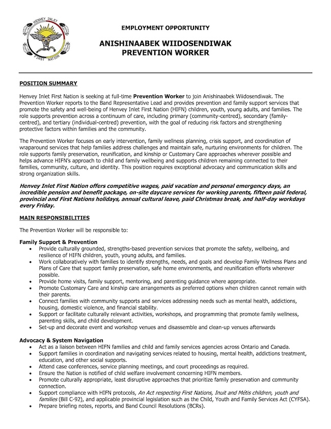 Click the Image to view the Henvey Inlet First Nation Prevention Worker APW0326 PDF Job Posting